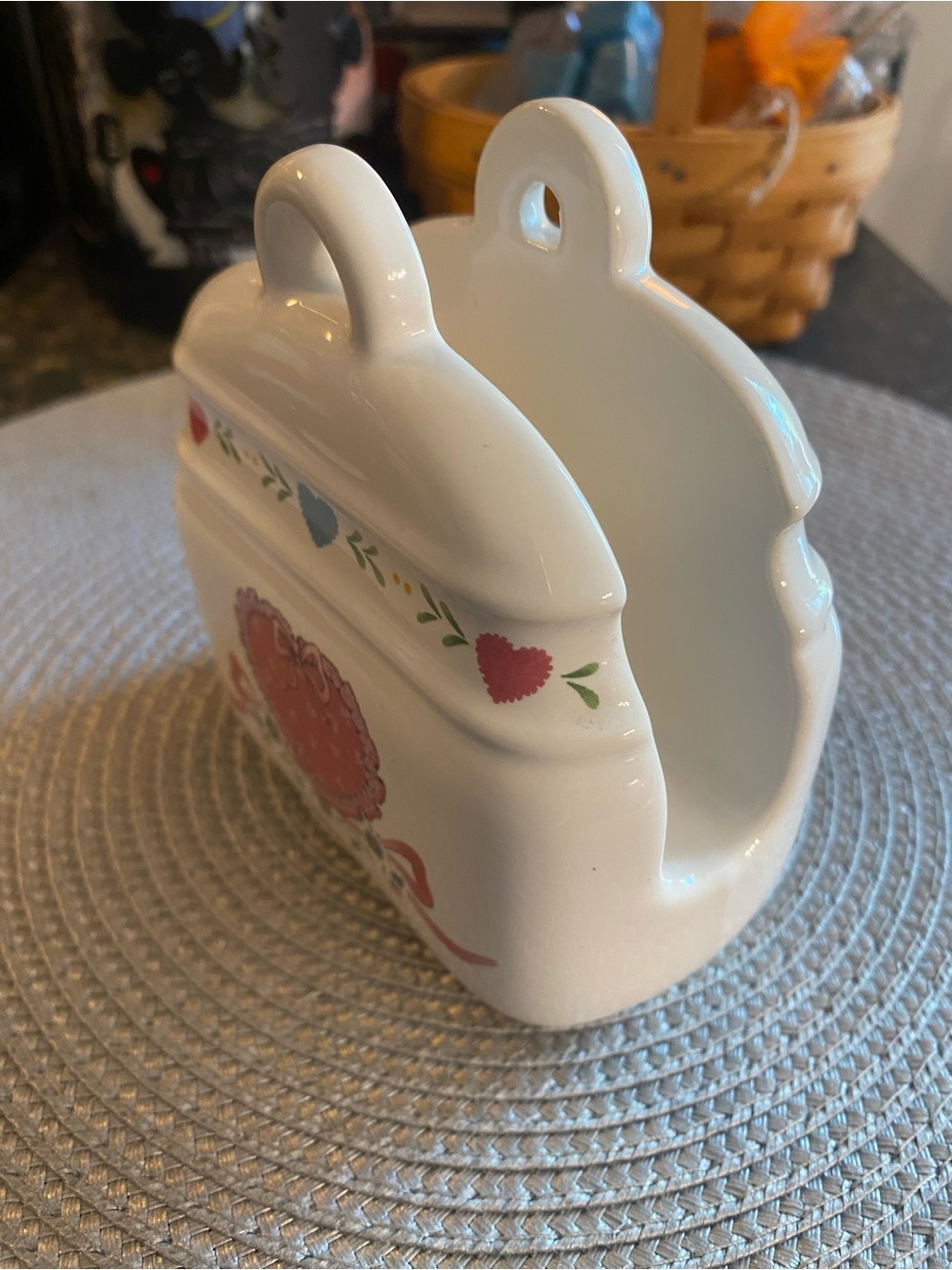 Vintage 80s Cottagecore Ceramic Napkin Holder Country Heart Bow Grannycore Caddy - Picture 2 of 14
